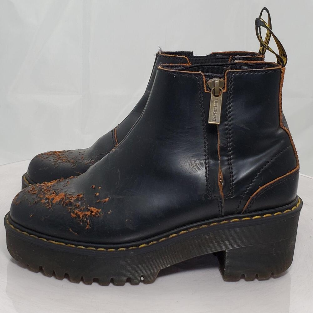 Damaged Dr Martens Rometty Chunky Platform Chelsea Boots Wom 7 Leather Zip Ankle